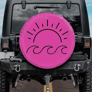Pink Spare Tire Cover, Sun Waves Tire Cover, Minimalist Waves and Sun Spare Tire Cover, Pink Car Accessories for Jeep, Beach vibe