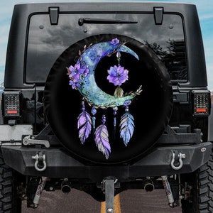 Spare Tire Cover with Boho Dreamcatcher design, Purple Dreamcatcher Wheel Cover backup camera hole, Dreamcatcher Camper Tire Cover, Boho car