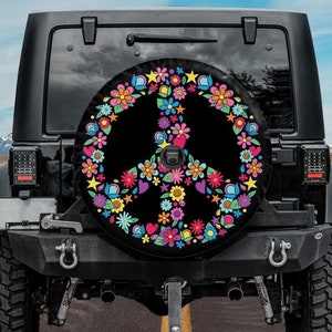 Spare Tire Cover with Floral Peace Sign, Hippie Peace Spare Wheel Cover, Backup Camera hole, Flowers Peace Car accessories for women