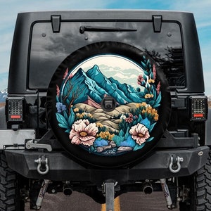 Spare Tire Cover, Mountains Flowers Tire Cover, Mountain Adventure Tire Cover backup camera hole, Camper Spare Tire Cover, Unique Tire Cover