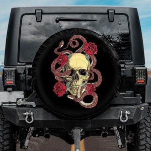 Spare Tire Cover, Skull and Snakes Tire Cover, Rear Camera Hole Tire Cover, Retro Skull  Tire Cover, Gothic Car Accessories for women