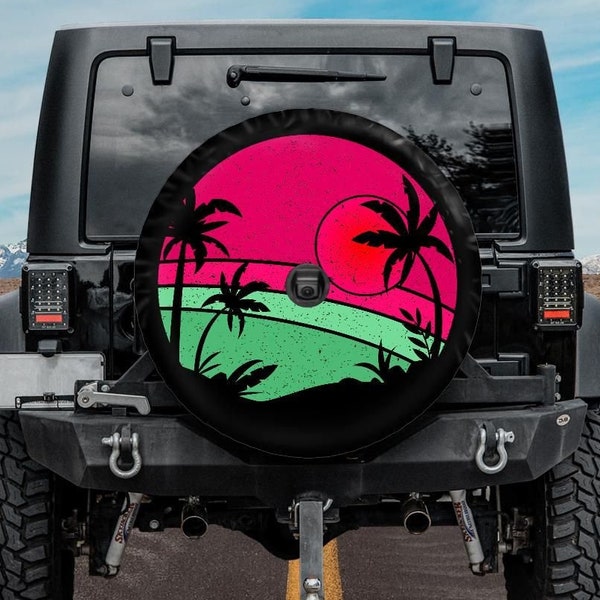 Spare Tire Cover Hot Pink Beach, Tuscadero Pink  Tire Cover, Optional rear camera hole, Pink Wheel Cover,  girl, Palm trees