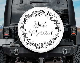 Wedding Spare Tire Cover, White  Tire Cover backup camera hole, Just Married Spare Tire Cover  girl,  Accessories, Wedding wheel