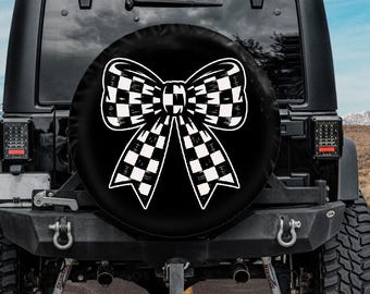 Black and White Bow Spare Tire Cover, Checkered Coquette Tire Cover, Backup Camera hole, Tire Cover for Jeeps, Broncos, RVs