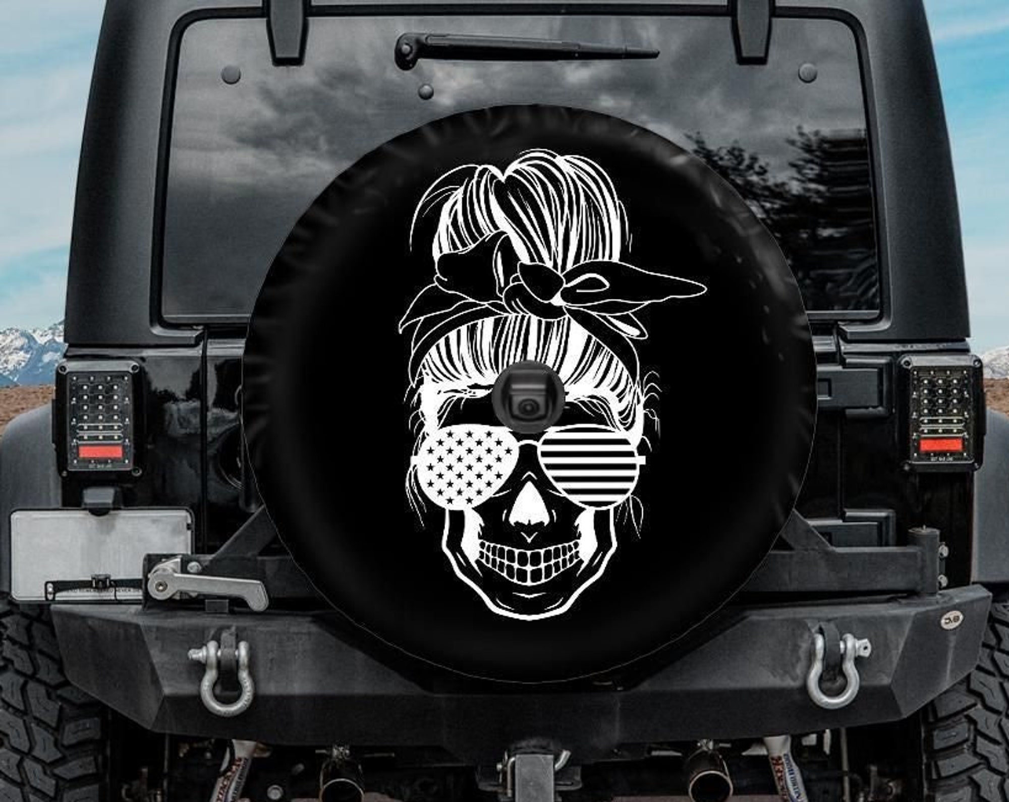 Discover Spare Tire Cover for jeep, Messy Bun Skull Tire Cover, Backup Camera Tire Cover, Merica Messy Bun Skull Tire Cover, funny spare tire cover