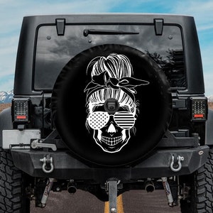 Spare Tire Cover for jeep, Messy Bun Skull Tire Cover, Backup Camera Tire Cover, Merica Messy Bun Skull Tire Cover, funny spare tire cover