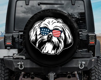 Spare Tire Cover, Shih Tzu  Tire Cover, Car accessories for Shih Tzu owner, Pet Dog Spare Tire Cover, Camera hole, American flag