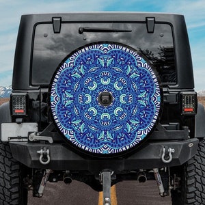 Spare Tire Cover with Blue Mandala design, Blue Mandala Spare Tire Cover for Jeep, Bronco, Backup camera hole, Blue Spare Tire Cover, Boho