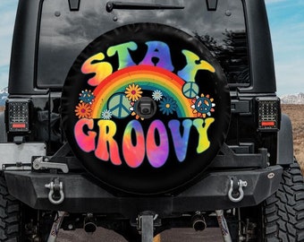 Stay Groovy Spare Tire Cover, Tie Dye Hippie Spare Wheel Cover, Backup Camera hole, Rainbow Tire Cover, Hippie Car Accessories for women