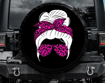 Funda para rueda de repuesto con diseño de moño desordenado de guepardo, funda para rueda de repuesto para cámara de marcha atrás, moño desordenado de guepardo rosa intenso con pajarita y gafas de sol magenta
