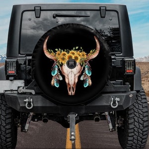 Spare Tire Cover, Boho Bull Skull Spare Tire Cover, Backup Camera Hole Tire Cover, Floral Cow Skull Car Accessories women, Boho tire cover