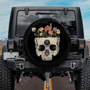 Spare Tire Cover, Floral Skull Tire Cover , Backup Camera Hole Tire Cover, Retro Skull Tire Cover with flowers, Skull Car Accessories women