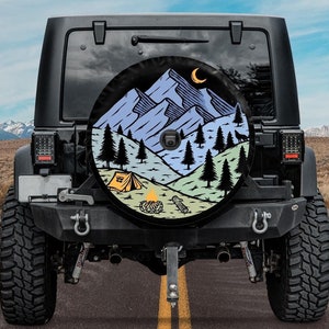 Spare Tire Cover, Mountains Camping Spare Tire Cover, Tire Cover backup camera hole, Camper Spare Tire Cover, Uniqe Spare Tire Covers