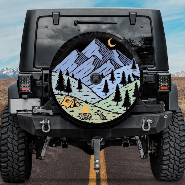 Spare Tire Cover, Mountains Camping Spare Tire Cover, Tire Cover backup camera hole, Camper Spare Tire Cover, Uniqe Spare Tire Covers