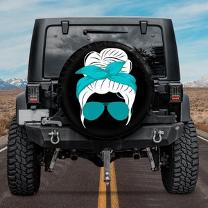 Spare Tire Cover with Teal  Messy Bun design, Backup Camera tire cover, Bikini Pearl Messy Bun with bow tie and sunglasses  Tire Cover