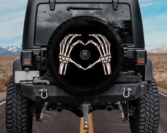 Skeleton Hands Spare Tire Cover, Valentine's day tire cover, Funny skeleton heart wheel cover with backup camera hole, Car accessories women
