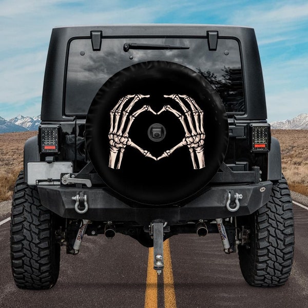 Skeleton Hands Spare Tire Cover, Valentine's day tire cover, Funny skeleton heart wheel cover with backup camera hole, Car accessories women
