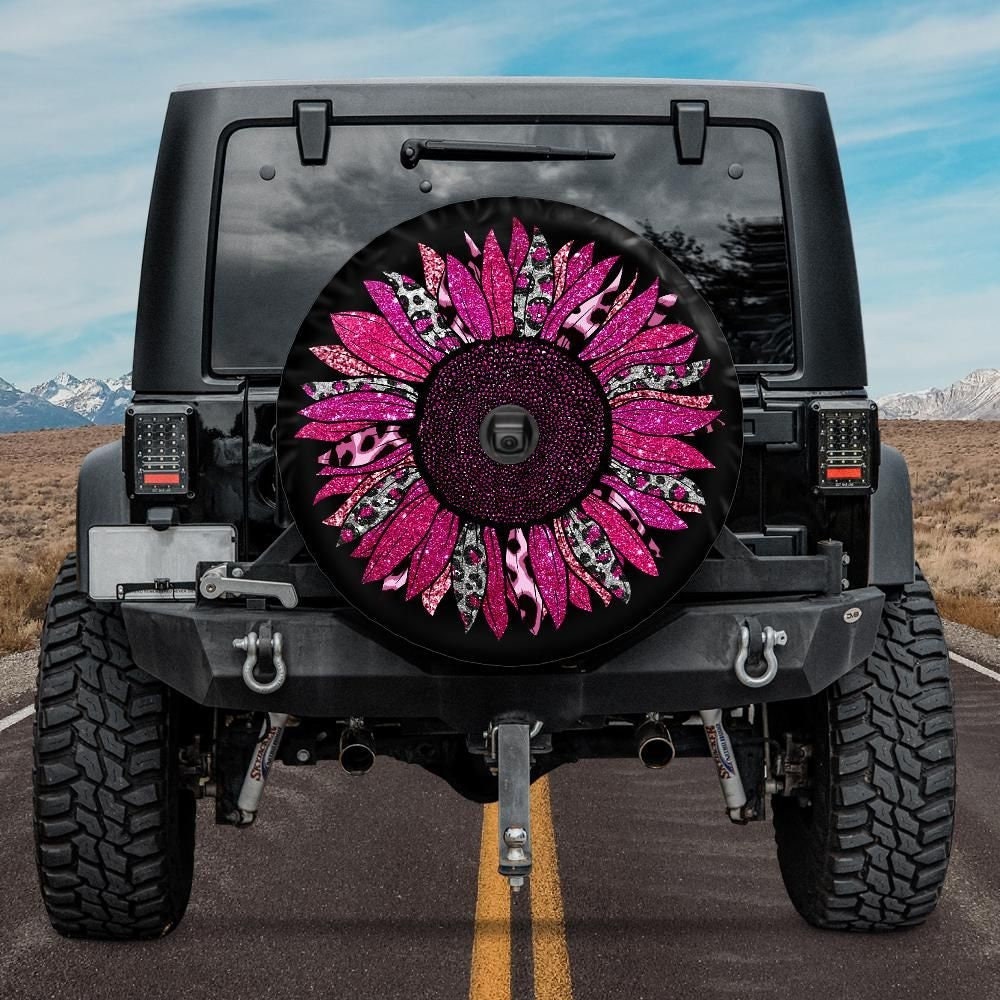 Spare Tire Cover with Hot Pink Sunflower, Hot Pink Cheetah Sunflower Wheel Cover, Sunflower  Tire Cover for Jeep, for Bronco, Hot Pink Car