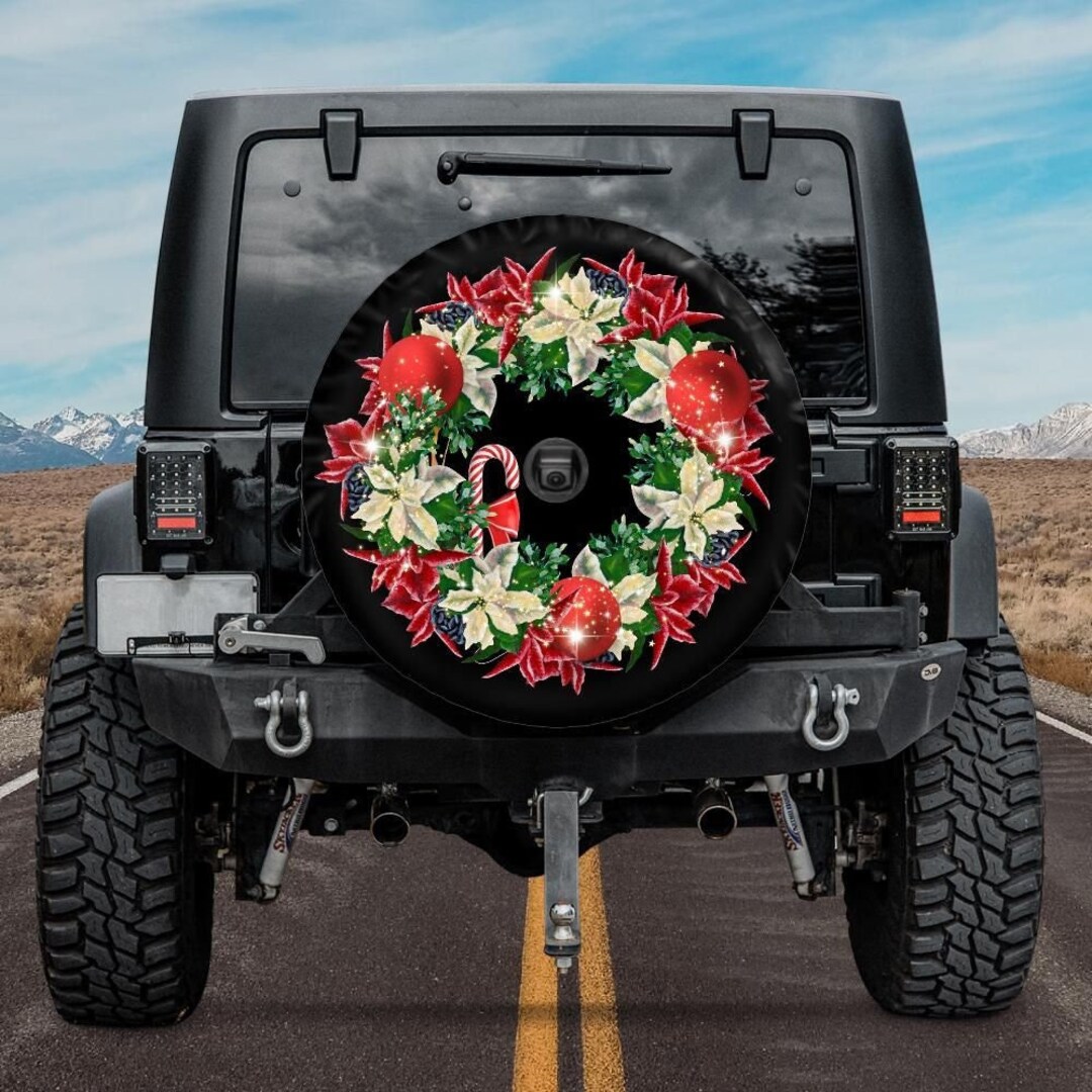 Red and White Christmas Wreath Spare Tire Cover, Backup Camera, Xmas