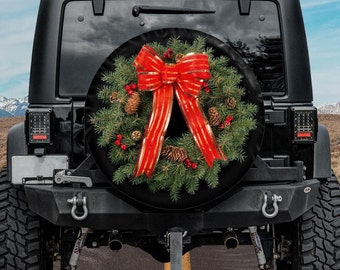 Christmas Wreath Spare Tire Cover, Backup Camera option, Xmas Tire Cover, Christmas Car Accessories for jeeps, Rear camera tire cover