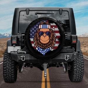 Spare Tire Cover with Bigfoot and American Flag,  Spare Tire Cover for Jeep, for Bronco, Bigfoot Wheel Cover, Camper Spare Tire Cover