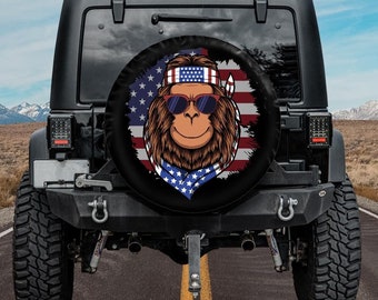 Spare Tire Cover with Bigfoot and American Flag,  Spare Tire Cover for Jeep, for Bronco, Bigfoot Wheel Cover, Camper Spare Tire Cover