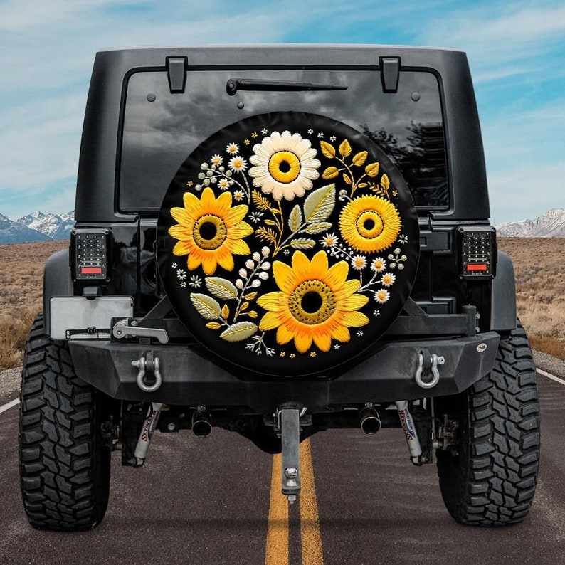 Faux Embroidery Spare Tire Cover, Sunflower Tire Cover, Unique Spare Tire Covers Backup Camera Hole, Yellow tire cover, Boho tire cover image 1