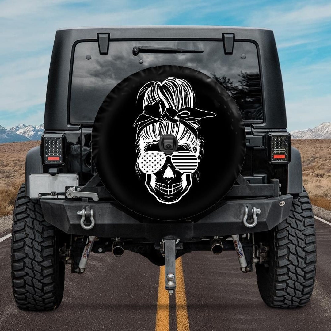 Spare Tire Cover for Jeep, Messy Bun Skull Tire Cover, Backup Camera