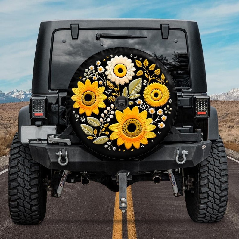 Faux Embroidery Spare Tire Cover, Sunflower Tire Cover, Unique Spare Tire Covers Backup Camera Hole, Yellow tire cover, Boho tire cover image 2