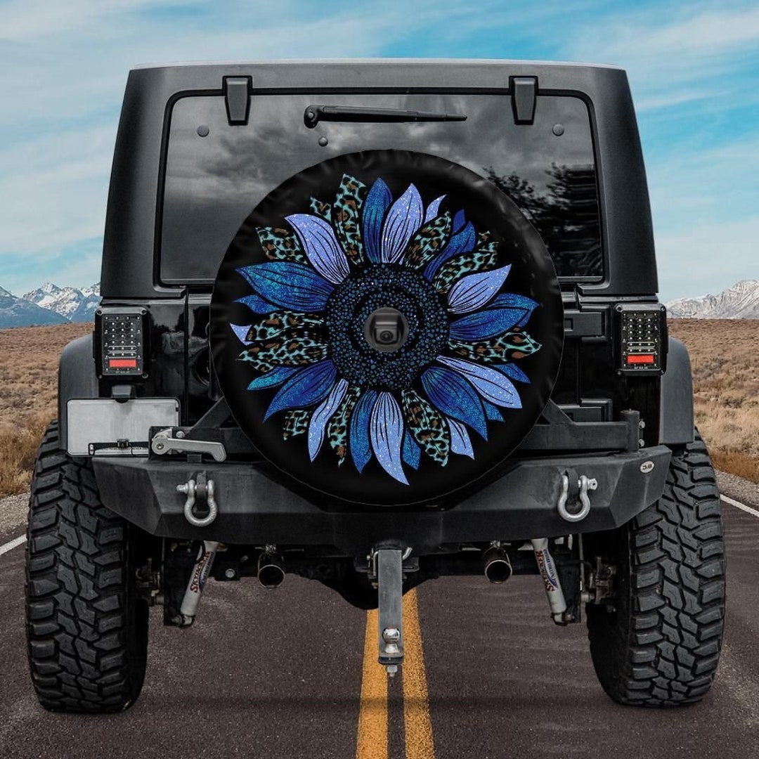 Spare Tire Cover With Blue and Cheetah Sunflower Design, Blue