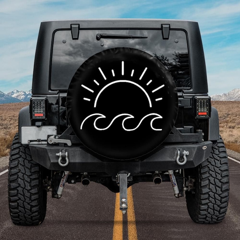 Spare Tire Cover, Waves Tire Cover, Minimalist Waves and Sun Spare Tire Cover, girl, Accessories, Beach vibe image 2