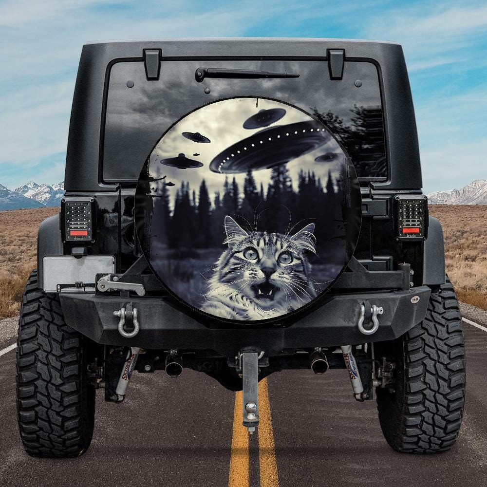 Funny Tire Cover, Cat and UFO spare tire cover, aliens tire cover, Unique spare tire covers for Jeep, Bronco, RVS, backup camera hole