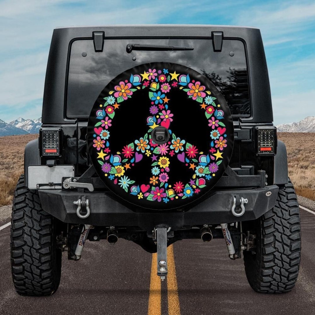 Hippie Peace Sign with Flowers Spare Tire Cover for any Vehicle, Make,  Model and Size