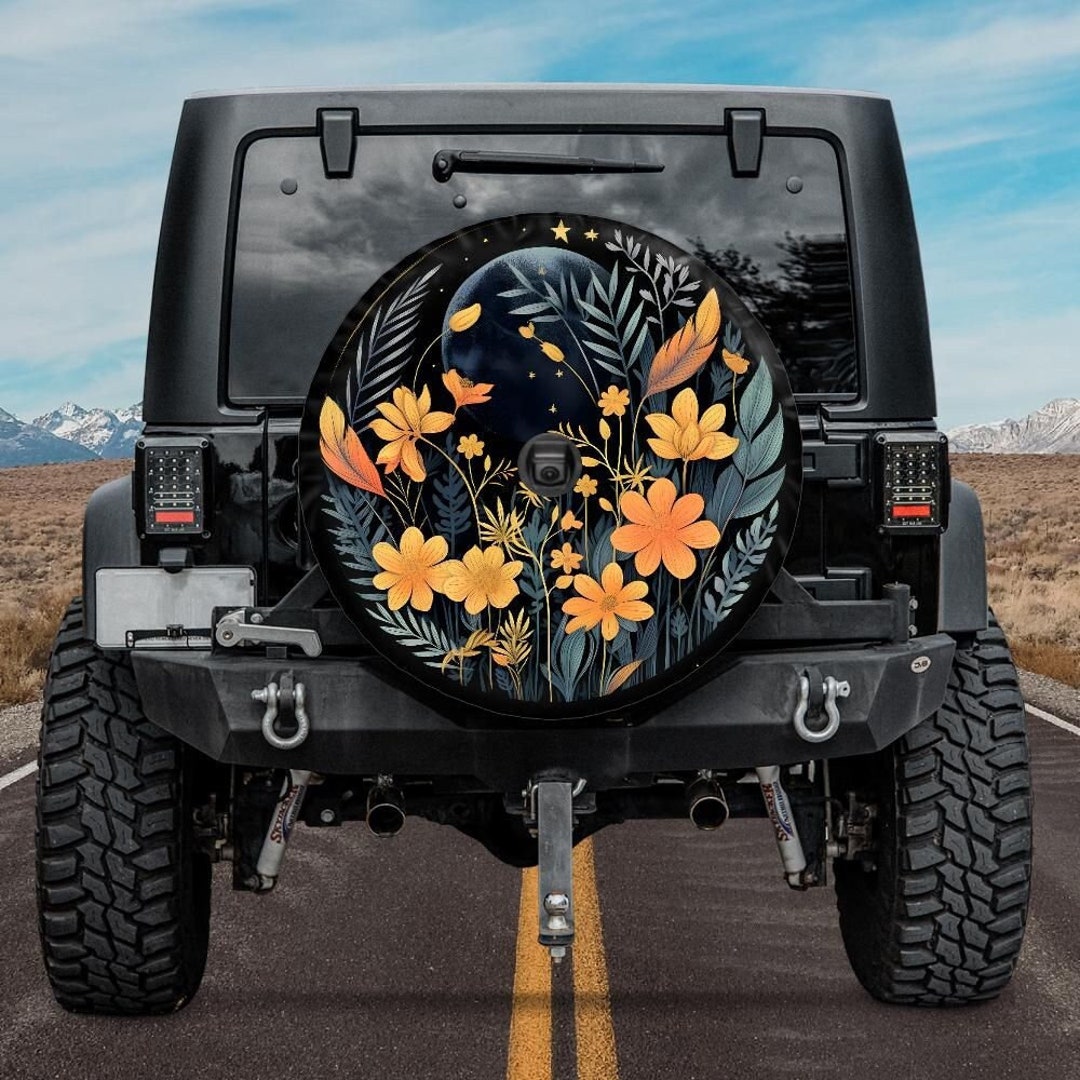 Boho Spare Tire Cover With Moon and Orange Flowers, Moon Tire Cover for