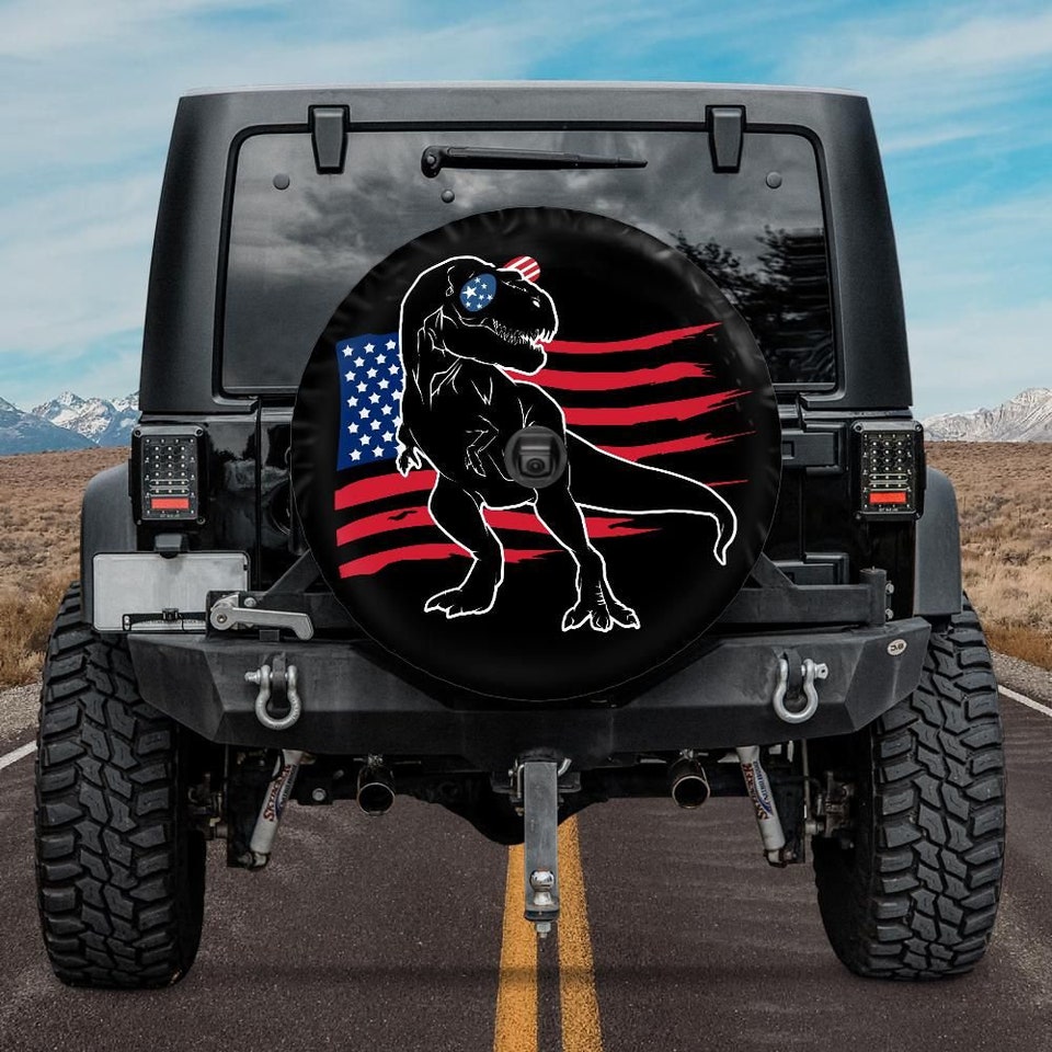 T-rex in Merica Sunglasses Spare Tire Cover