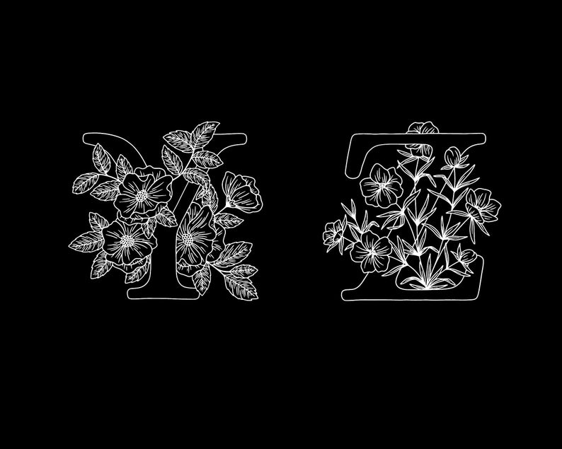 May include: A black and white line drawing of the letters Y and Z with floral designs. The letters are surrounded by flowers and leaves.