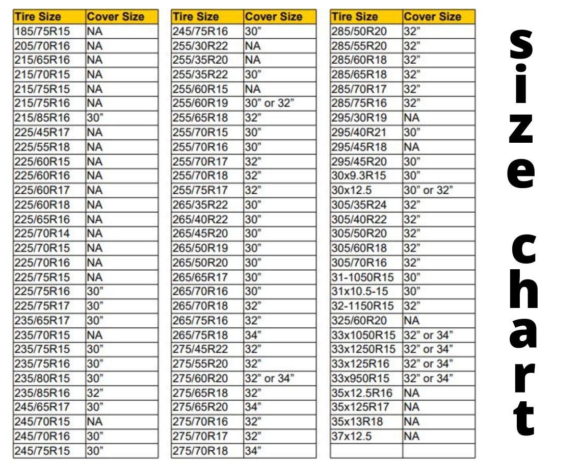 Spare Tire Cover Size Chart