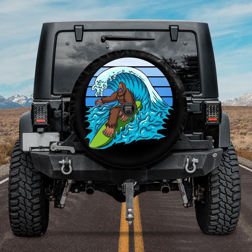 Spare Tire Cover with Bigfoot Surfing design, Spare Tire Cover for Jeep, for Bronco, Surfer Bigfoot Wheel Cover, Rear camera hole