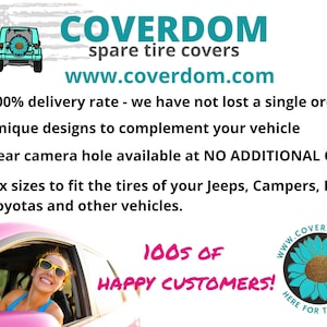 May include: A pink car with a woman driving. The car has a spare tire cover with a sunflower design. The text on the image reads "COVERDOM spare tire covers www.coverdom.com 100% delivery rate - we have not lost a single order! Unique designs to complement your vehicle Rear camera hole available at NO ADDITIONAL COST Six sizes to fit the tires of your Jeeps, Campers, Fords, Toyotas and other vehicles. 100S OF HAPPY CUSTOMERS! www.coverdom.com HERE FOR THE RIDE"