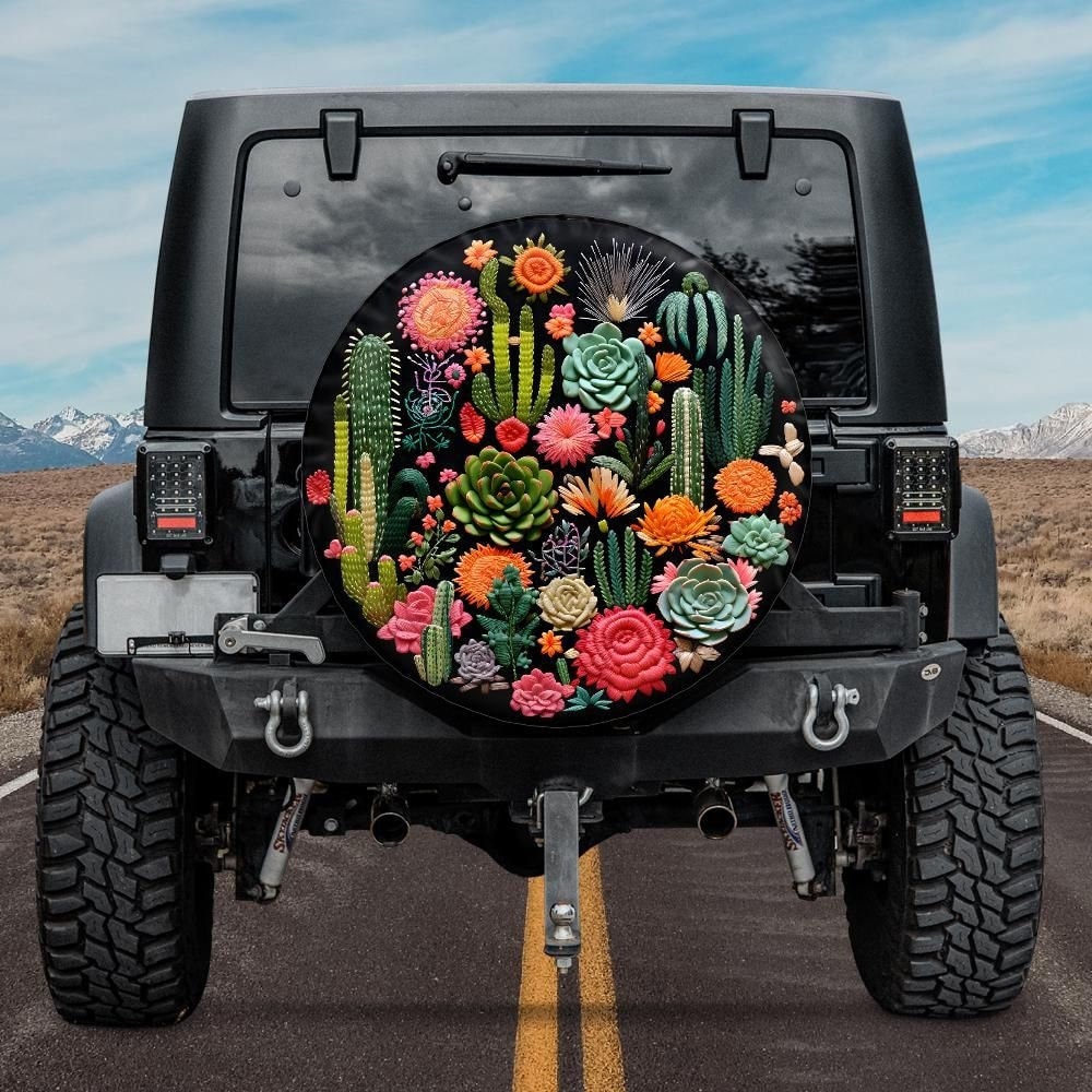 Faux Embroidery Spare Tire Cover, Botanical Tire Cover with Cactus and Succulent, Unique Spare Tire Covers Backup Camera Hole, Floral car