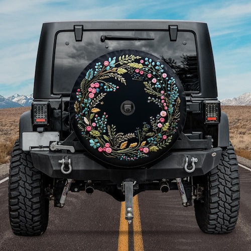 Faux Embroidery Wreath Spare Tire Cover, Botanical Tire Cover, Unique Spare Tire Covers Backup Camera Hole, Floral Car accessories women