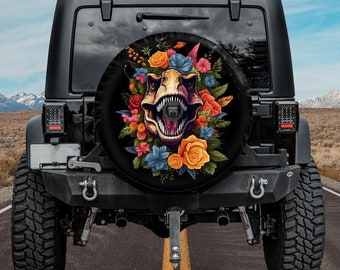 Spare Tire Cover, Floral T-Rex tire cover for Jeep for Bronco, Funny TRex Tire Cover, Backup Camera hole Tire Cover, Funny tire cover
