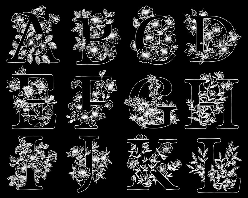 May include: A set of 10 white floral alphabet letters, A through L, with a black background. Each letter is outlined in white and decorated with a floral design.