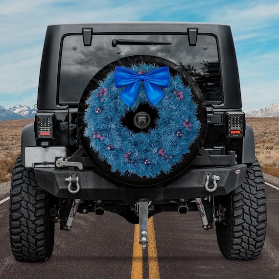 Blue Christmas Wreath Spare Tire Cover, Backup Camera, Blue Xmas Tire Cover, Christmas Car Accessories for jeeps, Rear camera tire cover