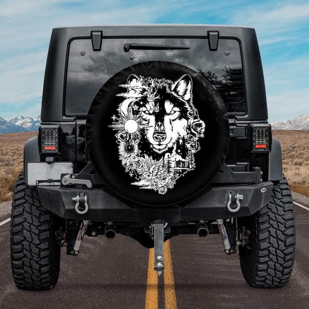 Spare Tire Cover, Boho Wolf Tire Cover, Celestial Wolf Spare Wheel