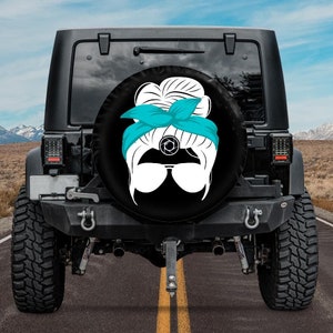 Spare Tire Cover with Messy Bun design, Backup Camera tire cover, Messy Bun with bow tie and sunglasses  Tire Cover, Girl wheel cover