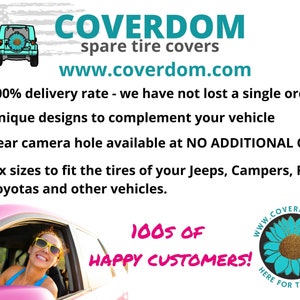 May include: A pink car with a woman driving. The car has a spare tire cover with a sunflower design. The text on the image reads "COVERDOM spare tire covers www.coverdom.com 100% delivery rate - we have not lost a single order! Unique designs to complement your vehicle Rear camera hole available at NO ADDITIONAL COST Six sizes to fit the tires of your Jeeps, Campers, Fords, Toyotas and other vehicles. 100S OF HAPPY CUSTOMERS! www.coverdom.com HERE FOR THE RIDE"