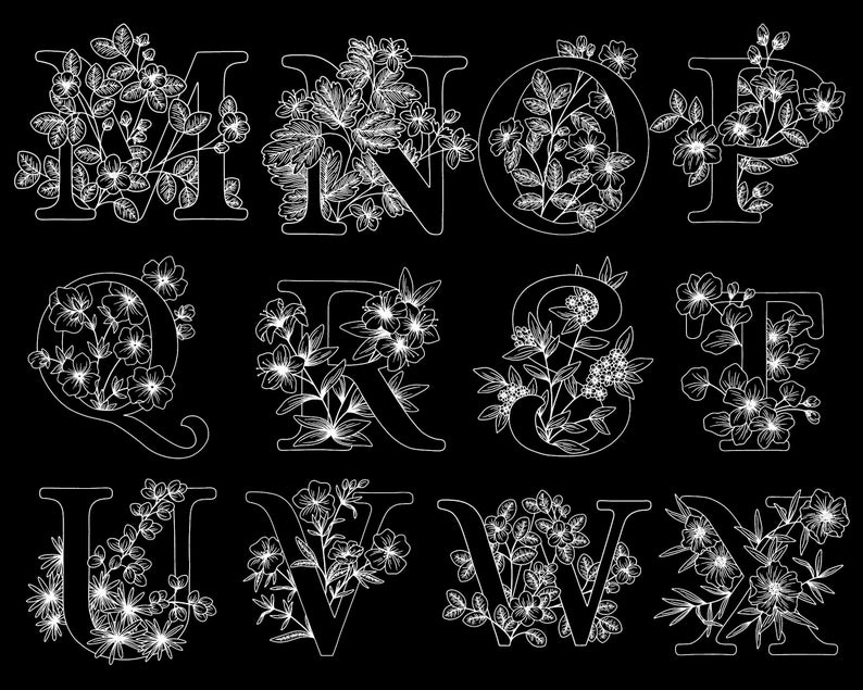 May include: White outline of the letters M, N, O, P, Q, R, S, T, U, V, W, and X, each letter is decorated with a floral design.