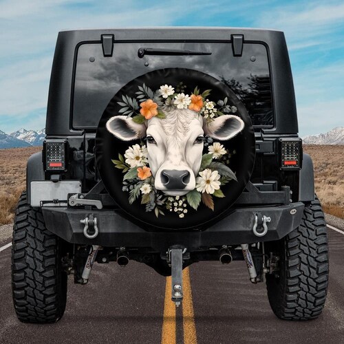 British White Cow Spare Tire Cover compatible with Jeep, Bronco, Toyota, Farm Animal Spare Tire Cover, Backup camera hole, cow tire cover
