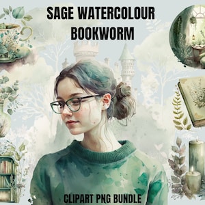 Sage Green Watercolour Bookworm Clipart Bundle | Green Academia Aesthetic | Bookshelf Library Png | Bookish Fantasy Clipart | Floral Green